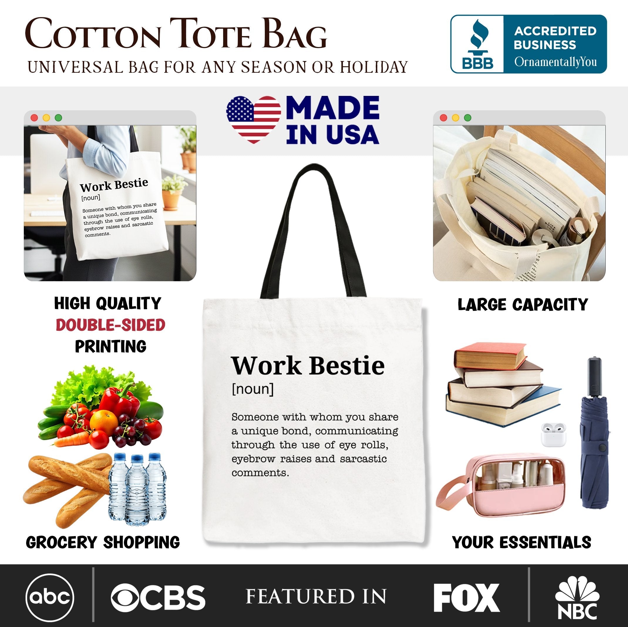 Work Bestie Definition Canvas Tote Bag, Funny Gift Shopper for Office Best Friends